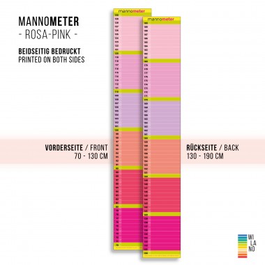 Minimalistische Design-Messlatte „mannometer“ | 70 bis 190 cm | Variante „rosa-pink“ | beidseitig bedruckt | 100% Recyclingpapier | Wi-La-No