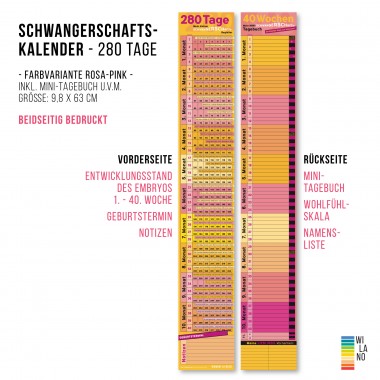 Schwangerschaftskalender mit Mini-Tagebuch | Variante „Pink-Orange-Rosa-Gelb“ | 280 Tage | beidseitig bedruckt