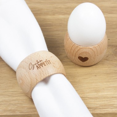 Zweier Set - 2 in 1 Serviettenring und Eierbecher „Guten Appetit“ aus nachhaltigem Buchenholz