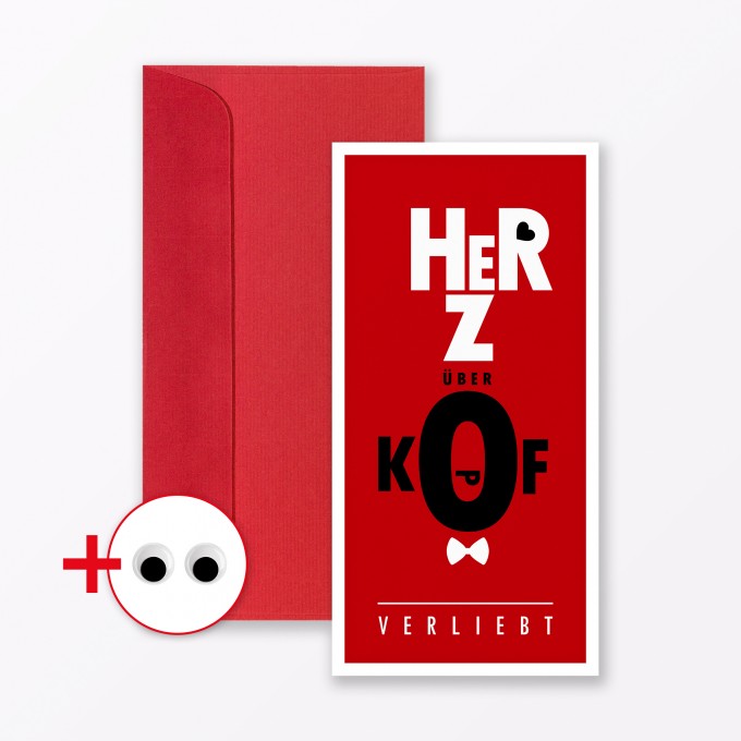 TYPOP Postkarte "Herz über Kopf" DIN lang inkl. Umschlag & Wackelaugen TYPOP Postkarte "Herz über Kopf" DIN lang inkl. Umschlag & Wackelaugen