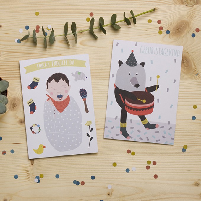 HEJ Marlen Grußkarte „Hurra endlich da“ und „Geburtstagskind“ | Set aus 2 Karten incl. Kuverts