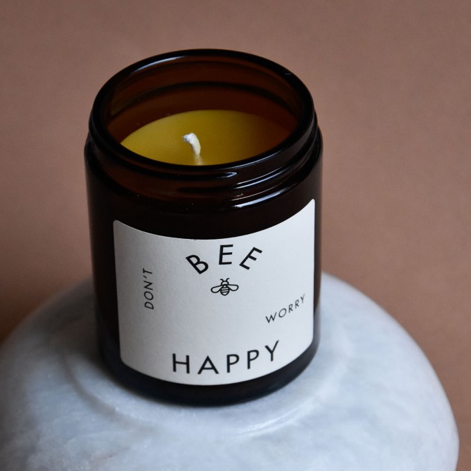 "Don't Worry Bee Happy" Bienenwachskerze im Glas "Don't Worry Bee Happy" Bienenwachskerze im Glas