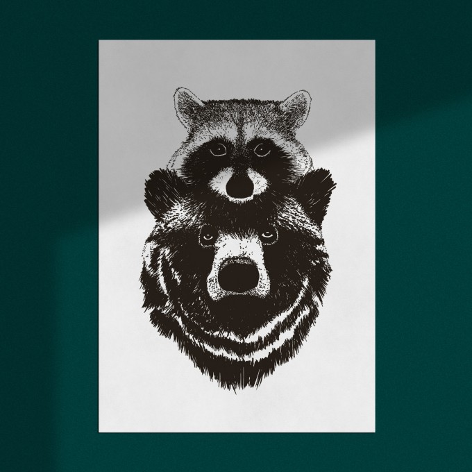 Risographie Art Print "Duo: Bär & Waschbär", A3 Risographie Art Print "Duo: Bär & Waschbär", A3