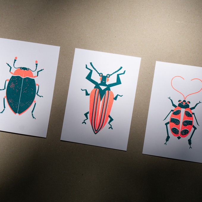 3er Set Grußkarten "Bugs-Lover" Riso Art Print, neon orange 3er Set Grußkarten "Bugs-Lover" Riso Art Print, neon orange