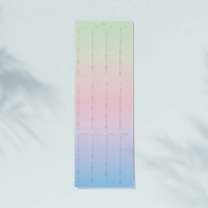 TEO Wandkalender 2023, Wendekalender Farbverlauf hellgrün-rosa-blau