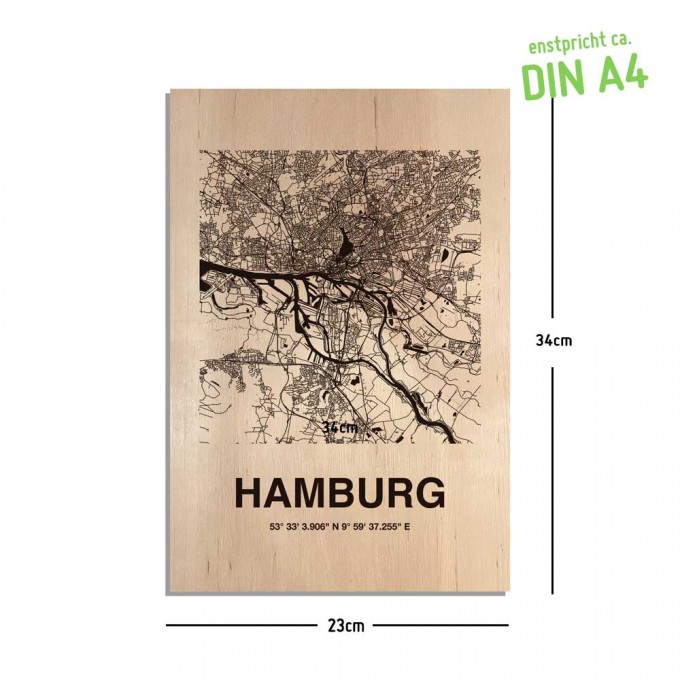 Stadtliebe® | Hamburg Holz Gravur „Stadtplan“ A4 oder A5