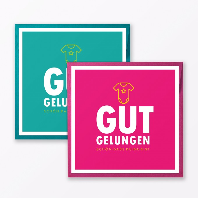 TYPOP 2-teiliges Set Babykarte "Gut gelungen" Türkis + Pink quadratisch inkl. Umschläge TYPOP 2-teiliges Set Babykarte "Gut gelungen" Türkis + Pink quadratisch inkl. Umschläge