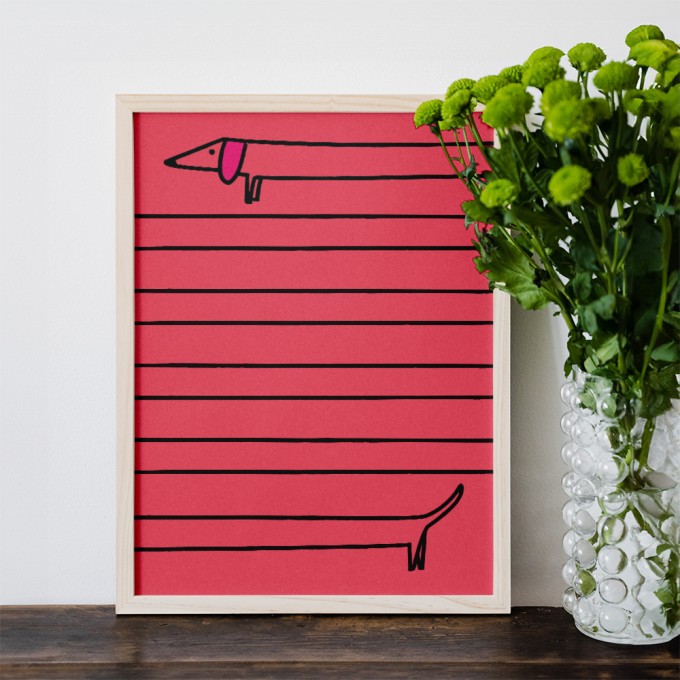 vonSUSI Fine Art Poster mit langem Dackel in rosa, Din A4-A1