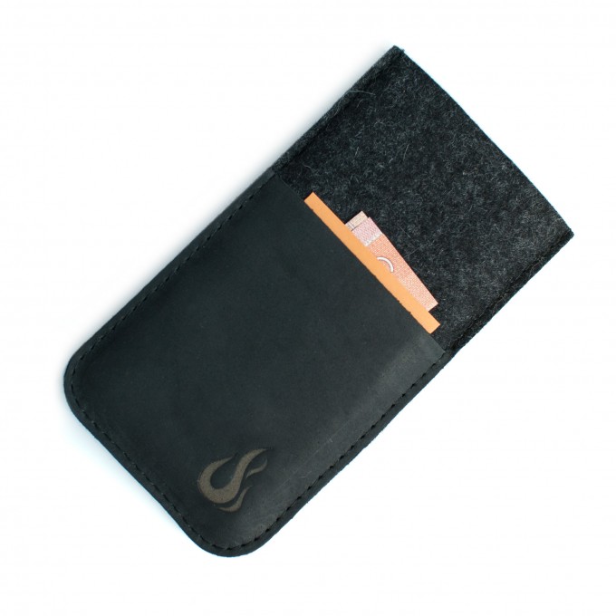 Hülle für iPhone 12 / 12 Pro mit Visitenkartenfach - charcoal/black (Filz und Leder) - Burning Love Hülle für iPhone 12 / 12 Pro mit Visitenkartenfach - charcoal/black (Filz und Leder) - Burning Love