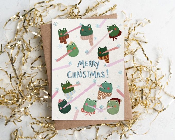 The Naughty District - Lustige Weihnachtskarte »Frösche die Schneeflocken fangen«