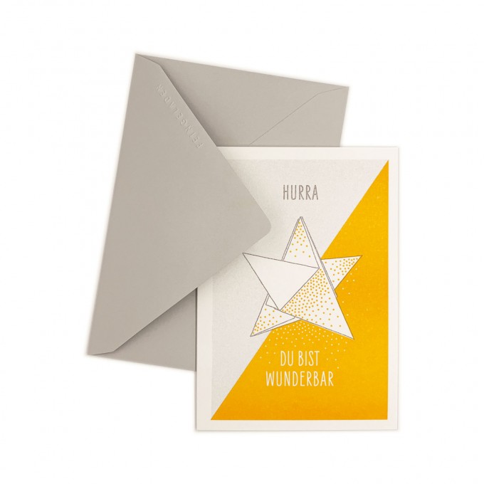 Feingeladen // LIKE ORIGAMI // Star »Hurra, du bist wunderbar« (GRSF) // RISO-Klappkarte, A6 Feingeladen // LIKE ORIGAMI // Star »Hurra, du bist wunderbar« (GRSF) // RISO-Klappkarte, A6