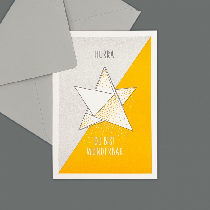 Feingeladen // LIKE ORIGAMI // Star »Hurra, du bist wunderbar« (GRSF) // RISO-Klappkarte, A6 Feingeladen // LIKE ORIGAMI // Star »Hurra, du bist wunderbar« (GRSF) // RISO-Klappkarte, A6