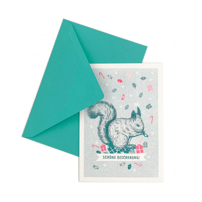 Feingeladen // LOVELY BEASTS // Squirrel »Schöne Bescherung!« (TLFR) // RISO-Klappkarte, A6 Feingeladen // LOVELY BEASTS // Squirrel »Schöne Bescherung!« (TLFR) // RISO-Klappkarte, A6