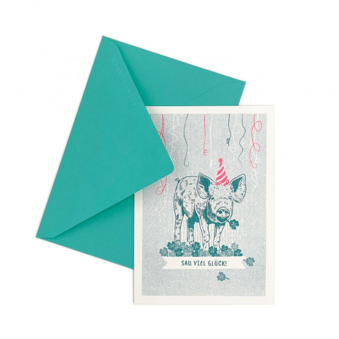 Feingeladen // LOVELY BEASTS // Piggy »Sau viel Glück!« (TLFR) // RISO-Klappkarte, A6 Feingeladen // LOVELY BEASTS // Piggy »Sau viel Glück!« (TLFR) // RISO-Klappkarte, A6