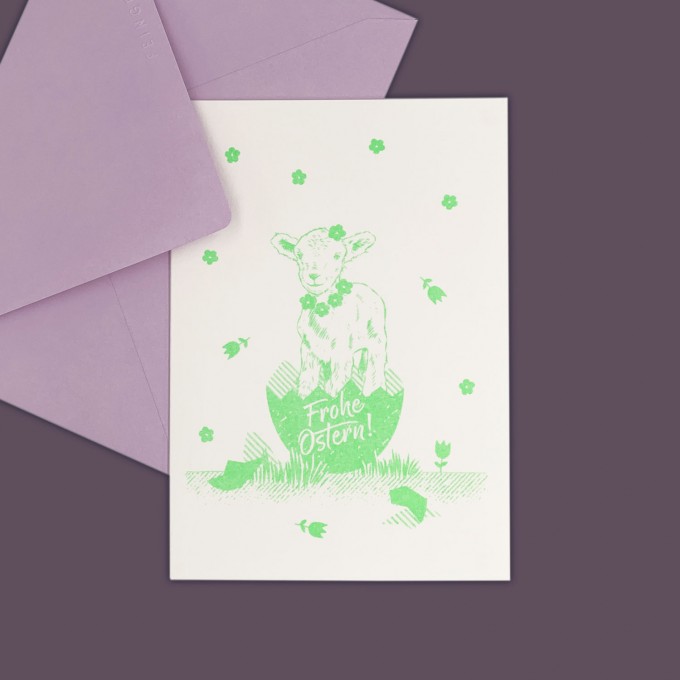 Feingeladen // LOVELY BEASTS // Lamb »Frohe Ostern« (FG) // RISO-Klappkarte, A6 Feingeladen // LOVELY BEASTS // Lamb »Frohe Ostern« (FG) // RISO-Klappkarte, A6
