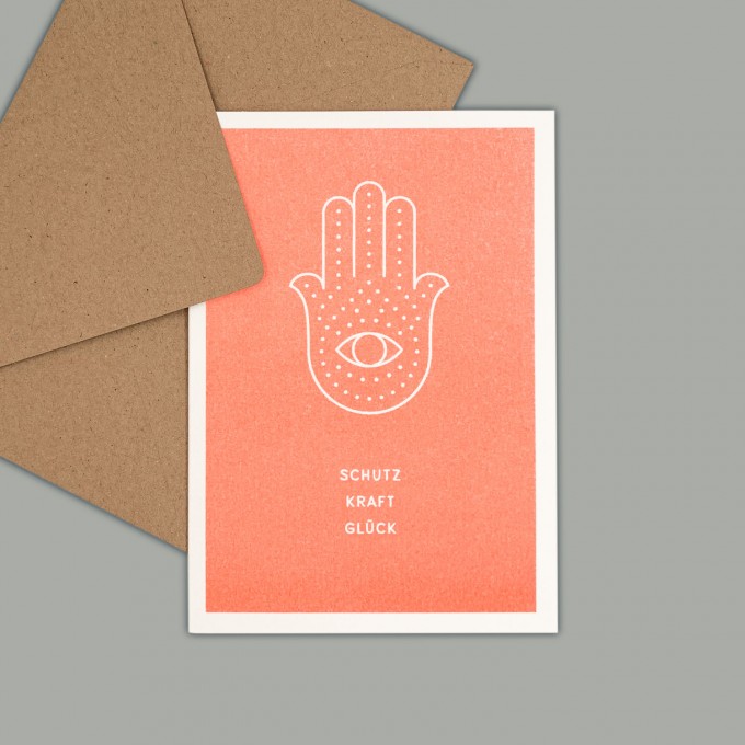 Feingeladen // SIMPLY DIVINE // Hamsa Hand »Schutz Kraft Glück« (FO) / RISO-Klappkarte, A6 Feingeladen // SIMPLY DIVINE // Hamsa Hand »Schutz Kraft Glück« (FO) / RISO-Klappkarte, A6