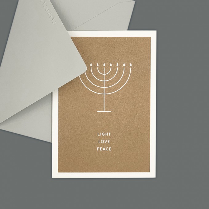 Feingeladen // SIMPLY DIVINE // Hanukkah »Light Love Peace« (GD), RISO-Klappkarte, A6 Feingeladen // SIMPLY DIVINE // Hanukkah »Light Love Peace« (GD), RISO-Klappkarte, A6