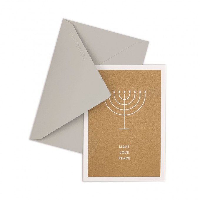 Feingeladen // SIMPLY DIVINE // Hanukkah »Light Love Peace« (GD), RISO-Klappkarte, A6 Feingeladen // SIMPLY DIVINE // Hanukkah »Light Love Peace« (GD), RISO-Klappkarte, A6