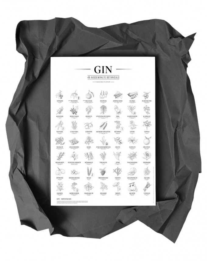 Gin Plakat, 49 ausgewählte Botanicals, Schwarz-Weiß, Format: A2 von Kupferstecher.Art Gin Plakat, 49 ausgewählte Botanicals, Schwarz-Weiß, Format: A2 von Kupferstecher.Art