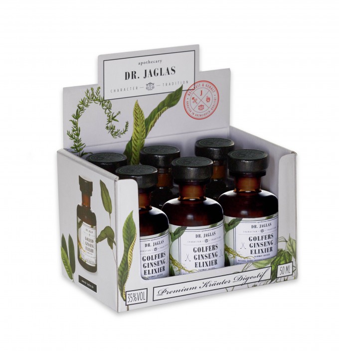 DR. JAGLAS Golfers Ginseng-Elixier 6x50ml Kräuterbitter 35%vol. DR. JAGLAS Golfers Ginseng-Elixier 6x50ml Kräuterbitter 35%vol.