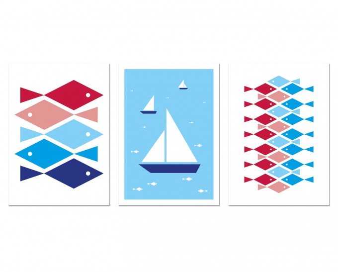 3 Held&Lykke Postkarten "Boat and Fish" 3 Held&Lykke Postkarten "Boat and Fish"