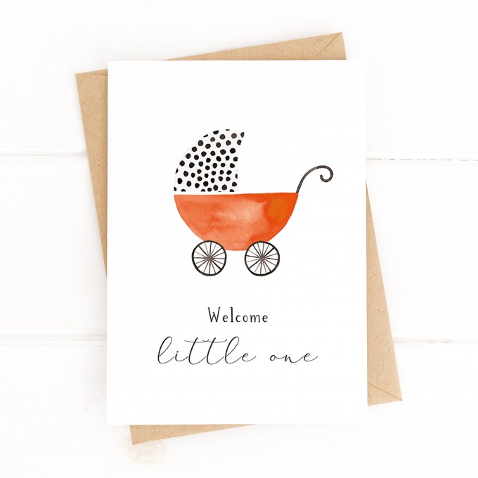 Paperlandscape | Aquarell Glückwunschkarte "Welcome Little One" | A6 Faltkarte | Geburtskarte | Kinderwagen | verschiedene Farben Paperlandscape | Aquarell Glückwunschkarte "Welcome Little One" | A6 Faltkarte | Geburtskarte | Kinderwagen | verschiedene Farben