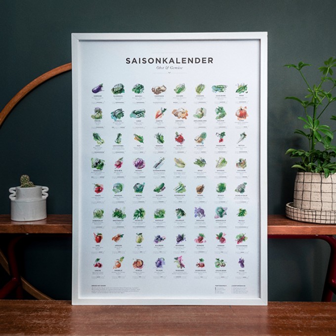 Saisonkalender Obst & Gemüse, Poster/Plakat in Farbe von Kupferstecher.Art Saisonkalender Obst & Gemüse, Poster/Plakat in Farbe von Kupferstecher.Art