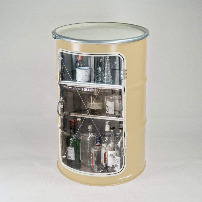 Lockengelöt - Grosse Hausbar-Vitrine aus Hamburger Ölfass