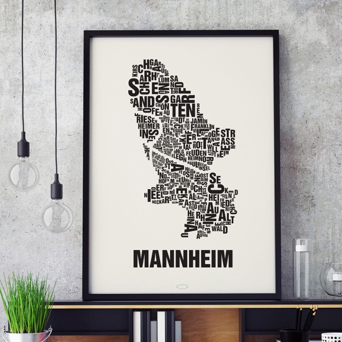 Buchstabenort Mannheim Stadtteile-Poster Typografie Siebdruck