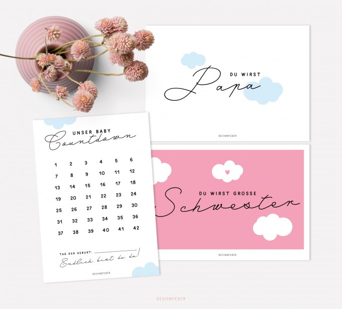 designfeder | Postkarten Baby Countdown + Papa + Schwester