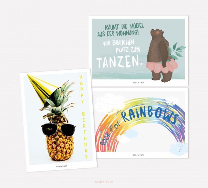 designfeder | Postkarten 3er Set – Happy Birthday, Tanzbär und Rainbow designfeder | Postkarten 3er Set – Happy Birthday, Tanzbär und Rainbow