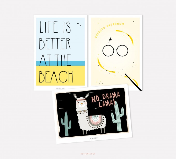 designfeder | Postkarten 3er Set – Beach, Expecto Patronum, No drama lama designfeder | Postkarten 3er Set – Beach, Expecto Patronum, No drama lama