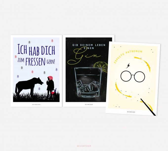 designfeder | Postkarten 3er Set – Rotkäppchen, Gin und Expecto Patronum designfeder | Postkarten 3er Set – Rotkäppchen, Gin und Expecto Patronum