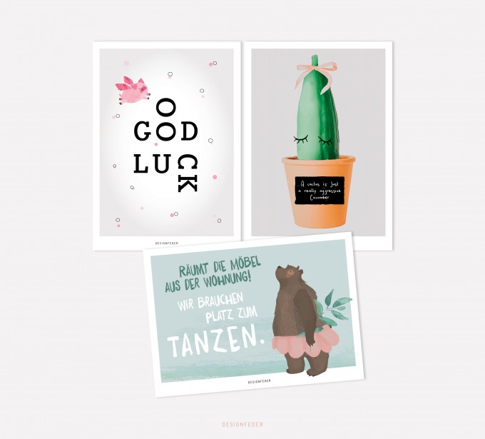 designfeder | Postkarten 3er Set – Good luck, Kaktusliebe und Tanzbär designfeder | Postkarten 3er Set – Good luck, Kaktusliebe und Tanzbär