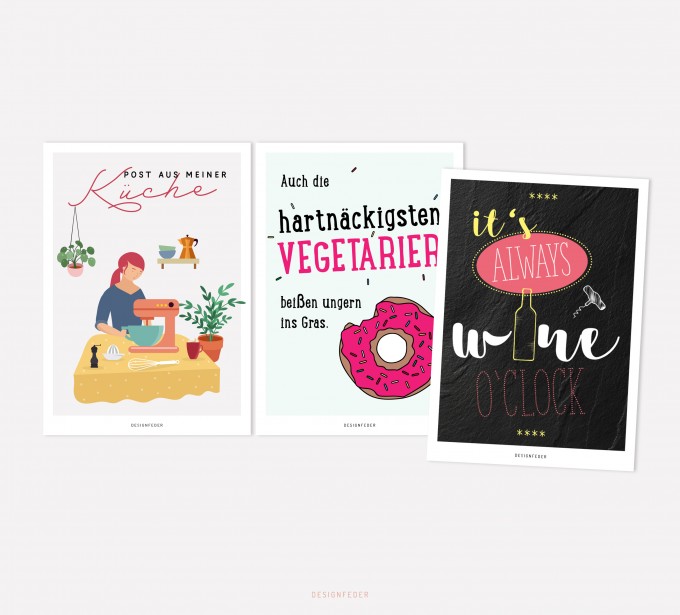 designfeder | Postkarten 3er Set – Küche, Vegetarier und winetime designfeder | Postkarten 3er Set – Küche, Vegetarier und winetime