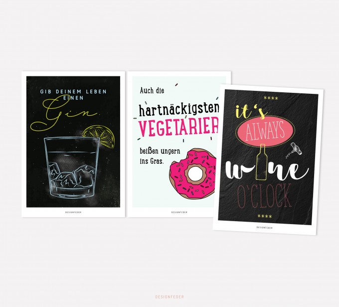 designfeder | Postkarten 3er Set – Gin, Vegetarier und winetime designfeder | Postkarten 3er Set – Gin, Vegetarier und winetime