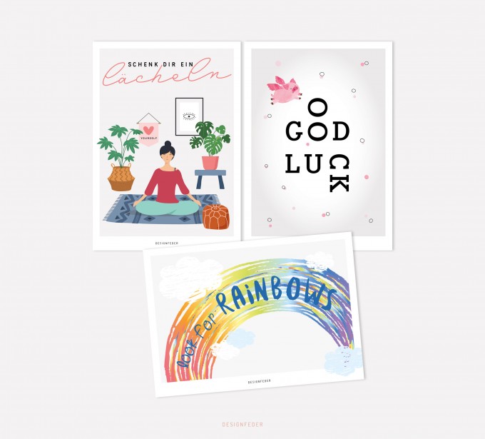 designfeder | Postkarten 3er Set – Yoga, Good luck und Rainbow designfeder | Postkarten 3er Set – Yoga, Good luck und Rainbow