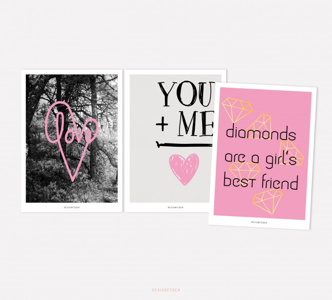 designfeder | Postkarten 3er Set – Love, You + Me und Diamonds designfeder | Postkarten 3er Set – Love, You + Me und Diamonds