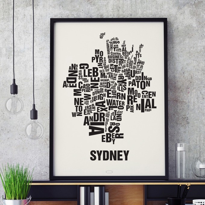 Buchstabenort Sydney Stadtteile-Poster Typografie Siebdruck