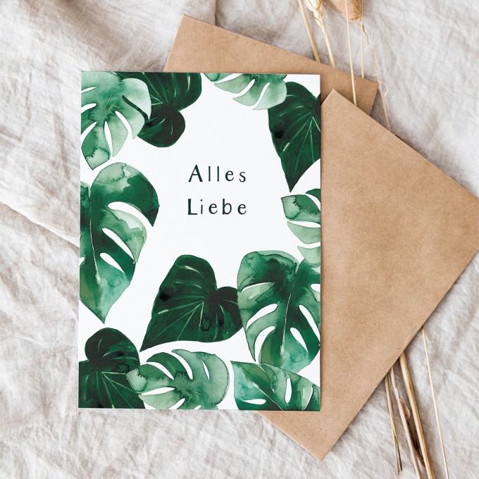 Paperlandscape | Aquarell Grußkarte "Alles Liebe Monstera" | botanische Illustration | Tropische Pflanzen Karte Paperlandscape | Aquarell Grußkarte "Alles Liebe Monstera" | botanische Illustration | Tropische Pflanzen Karte