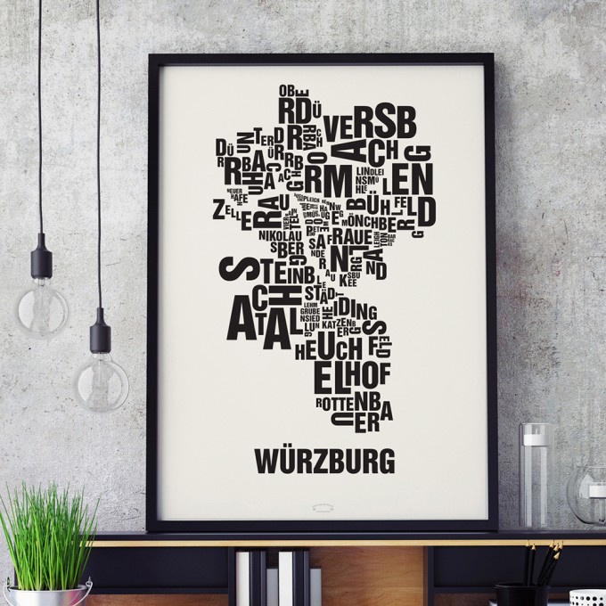 Buchstabenort Würzburg Stadtteile-Poster Typografie Siebdruck
