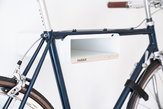 Design Fahrrad-Wandhalterung | PARAX® S-RACK | Weiß mit Holz Weiß | für Rennrad, Hardtail & Cityrad 