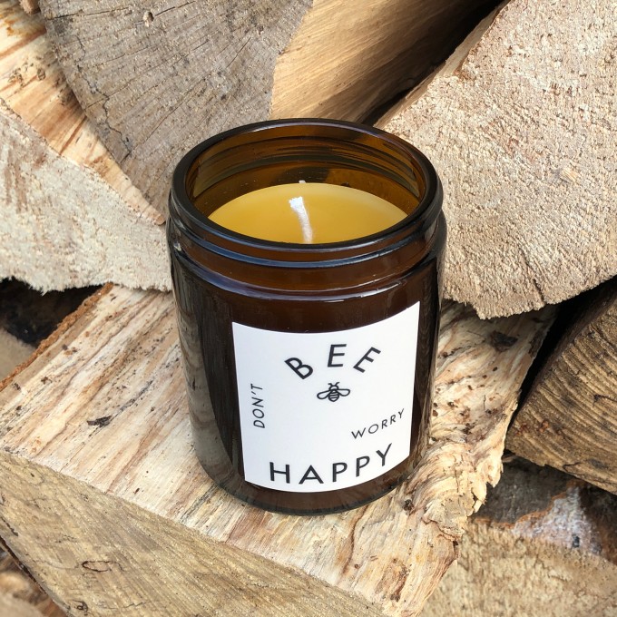 "Don't Worry Bee Happy" Bienenwachskerze im Glas "Don't Worry Bee Happy" Bienenwachskerze im Glas