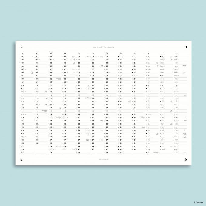 Jahres-Übersicht Nr. 01 2026 (+2025 gratis) / A2 Jahresplaner / doppelseitig / mit & ohne Feiertage / fraurippe