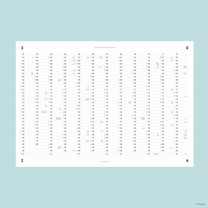 Jahres-Übersicht Nr. 01 2026 (+2025 gratis) / A2 Jahresplaner / doppelseitig / mit & ohne Feiertage / fraurippe