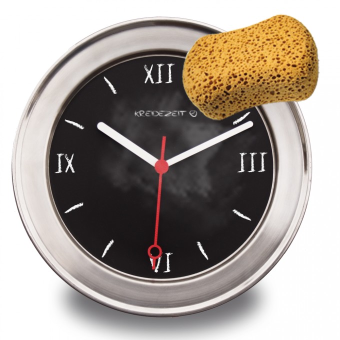 Kreidezeit - Edelstahl – Wanduhr mit Schultafeloberfläche Kreidezeit - Edelstahl – Wanduhr mit Schultafeloberfläche