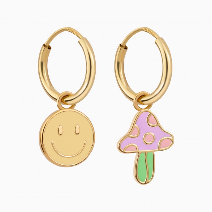 Creolen Ohrringe mit Smiley und Pilz aus Gold Vermeil | Paeoni Colors