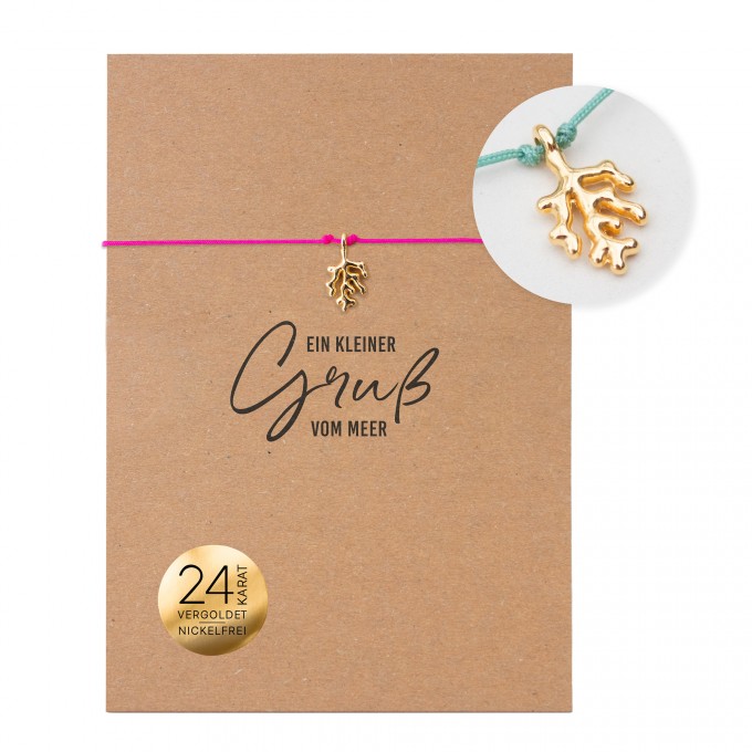 Bow & Hummingbird Armband auf Karte - Koralle - Ein kleiner Gruß vom Meer - 24 Karat vergoldet