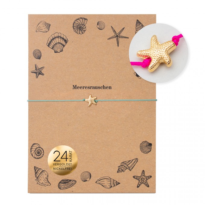 Bow & Hummingbird Armband auf Karte - Seesternchen - Meeresrauschen - 24 Karat vergoldet