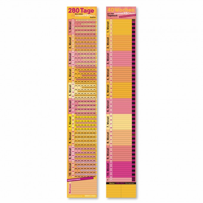 Schwangerschaftskalender mit Mini-Tagebuch | Variante „Pink-Orange-Rosa-Gelb“ | 280 Tage | beidseitig bedruckt